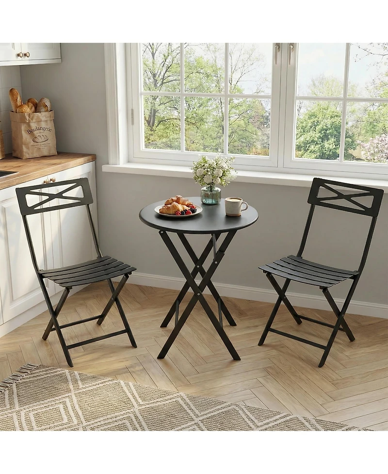 GarveeLife 3-Piece Steel Folding Bistro Set, Outdoor Patio Table and 2 Chairs Set, Round Table with Weather-Resistant Design for Balcony, Garden, Yard
