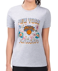 G-iii 4Her by Carl Banks Women's Heather Gray New York Knicks Super-Slim Fit Lightweight Flowers Team Logo Graphic T-Shirt