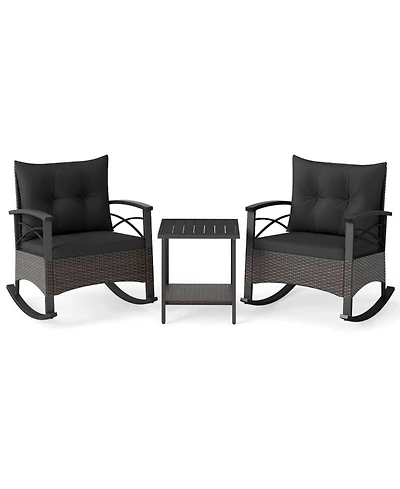 Sugift Rocking Bistro Set Pe Rattan Rocker Chairs with Acacia Wood Top Table