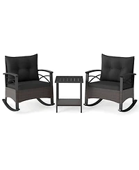 Sugift Rocking Bistro Set Pe Rattan Rocker Chairs with Acacia Wood Top Table