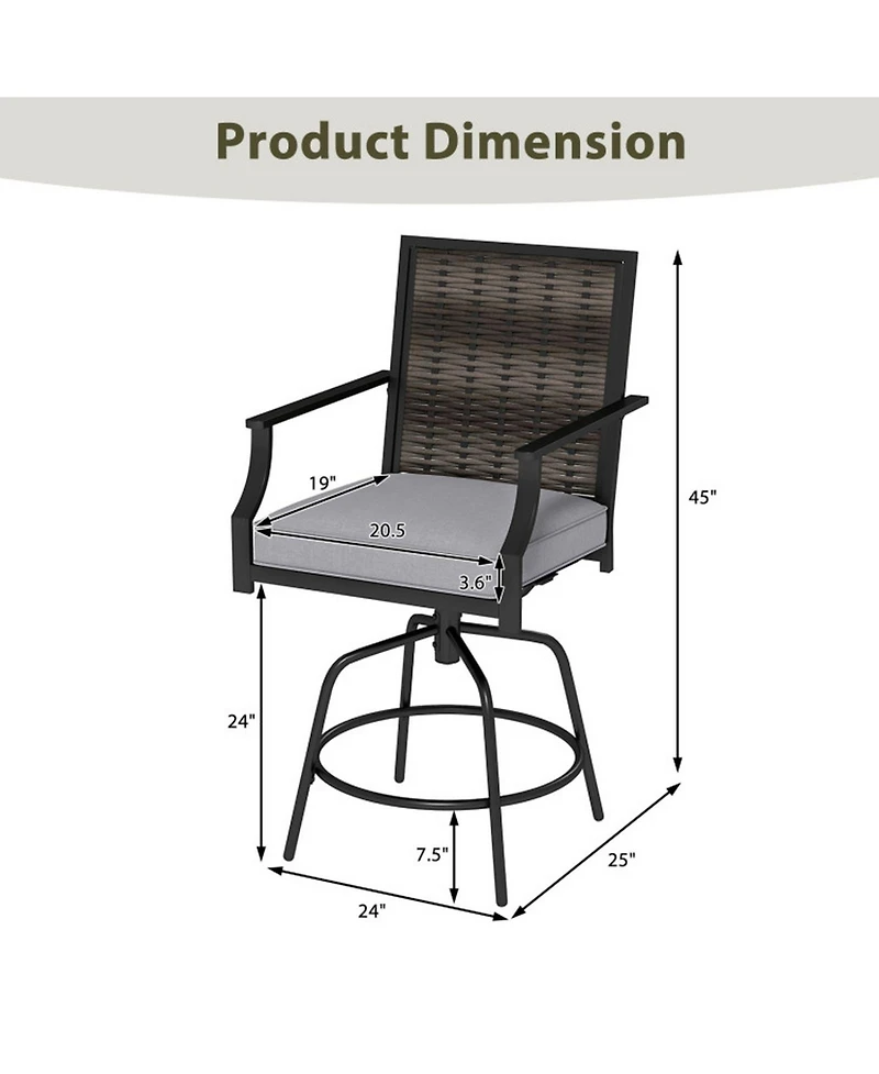 Gouun Set of 2 Outdoor Pe Wicker Swivel Bar Stools, 24 in Seat Height with Padded Cushions