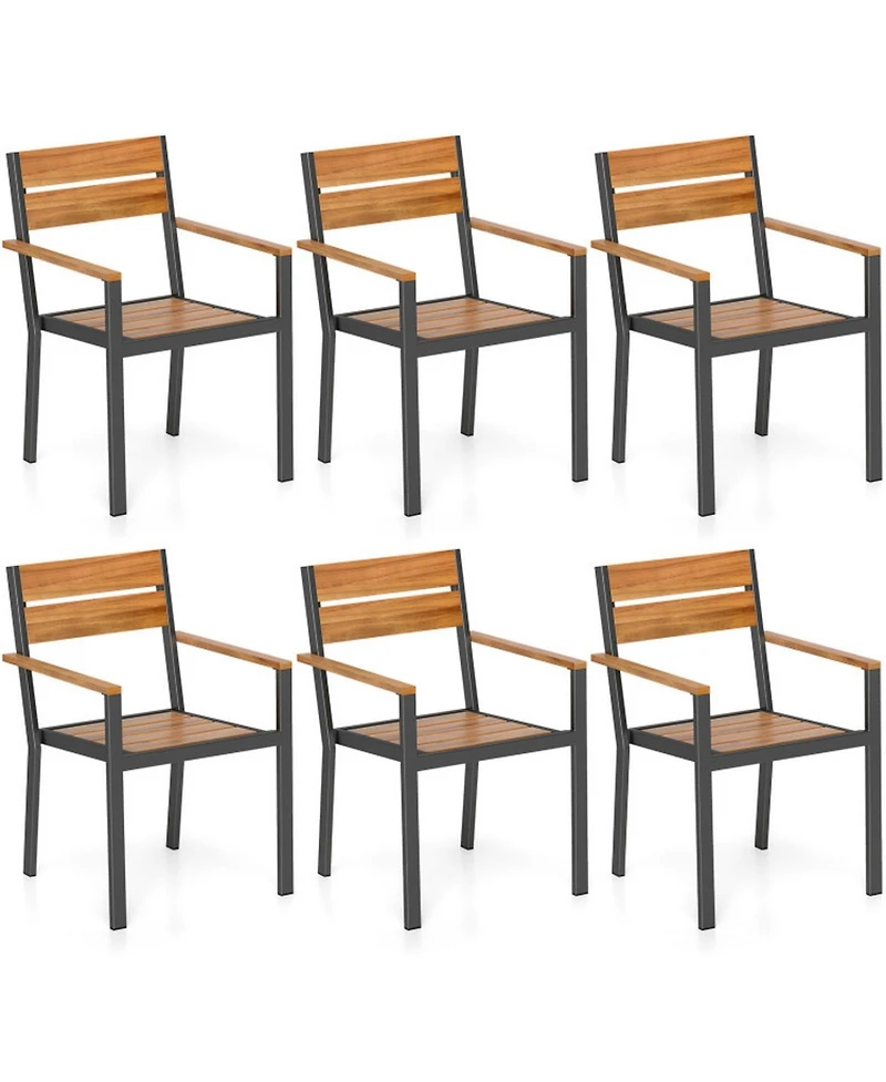 Gouun Set of 6 Outdoor Stackable Patio Dining Chairs with Acacia Wood Armrests and 105degree(s) Backrest