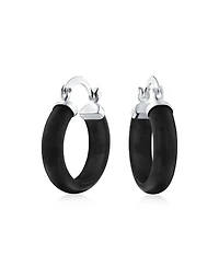 Bling Jewelry Classic Stone Turquoise Onyx Round Tube Hoop Earrings .925 Sterling Silver .75 Inch Diameter