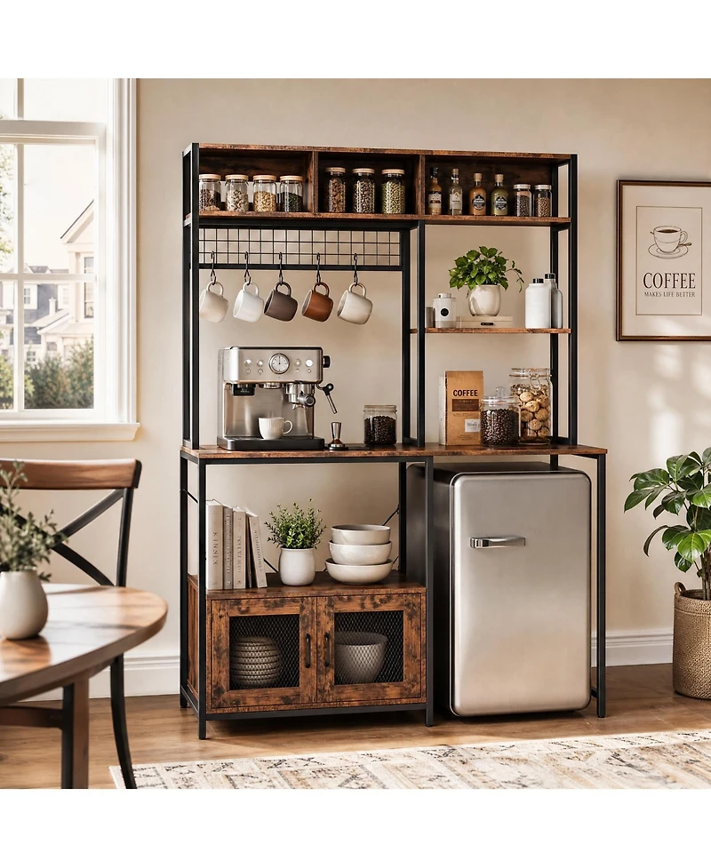 homfan Kitchen Bakers Rack with Fridge Space, Industrial Microwave Stand with Power Outlet, Freestanding Shelf for Pantry/Living Room