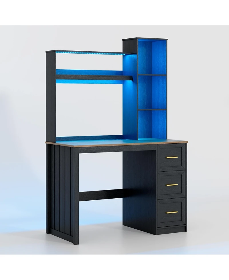 Vlsrka Modern Home Office Desk Led Lit with Drawers and Bookcase