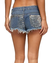 Edikted Womens Studded Frayed Low Rise Denim Shorts