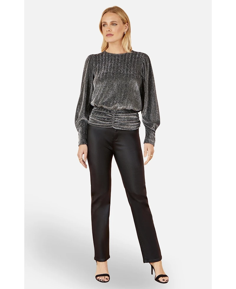 Yumi Women's Metallic Stretch Ruched Hem Top