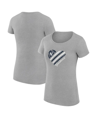 G-iii 4Her by Carl Banks Women's Heather Gray New York Yankees Super-Slim Fit Lightweight Heart Graphic T-Shirt