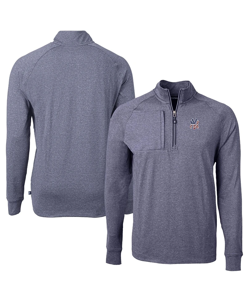 Cutter & Buck Men's Heather Navy New York Yankees Americana Logo Big & Tall Adapt Eco Knit Stretch Quarter-Zip Pullover Sweatshirt