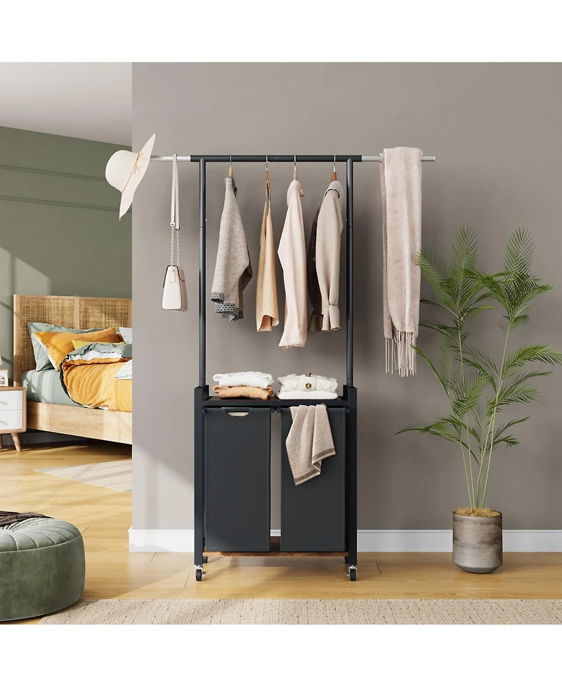 homfan Rolling Bathroom Storage Cabinet, 30 Inch Metal Laundry Organizer with Hanging Rod and Lockable Wheels for Bathroom