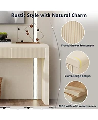 Rainsken 55" Curved Rustic Entryway Table, with 3 Fluted Drawers, Featuring Natural Wood Grain, for Living Room, Hallway,