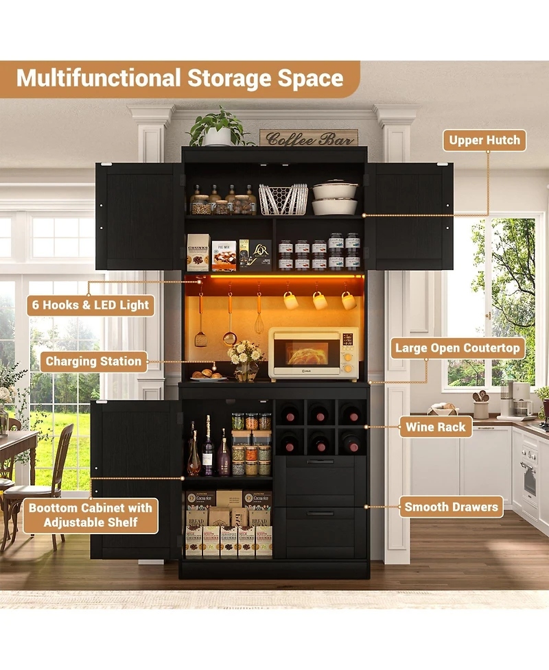 Aheaplus 31.5-Inch Kitchen Pantry with Charging Station, Coffee Wine Bar Cabinet