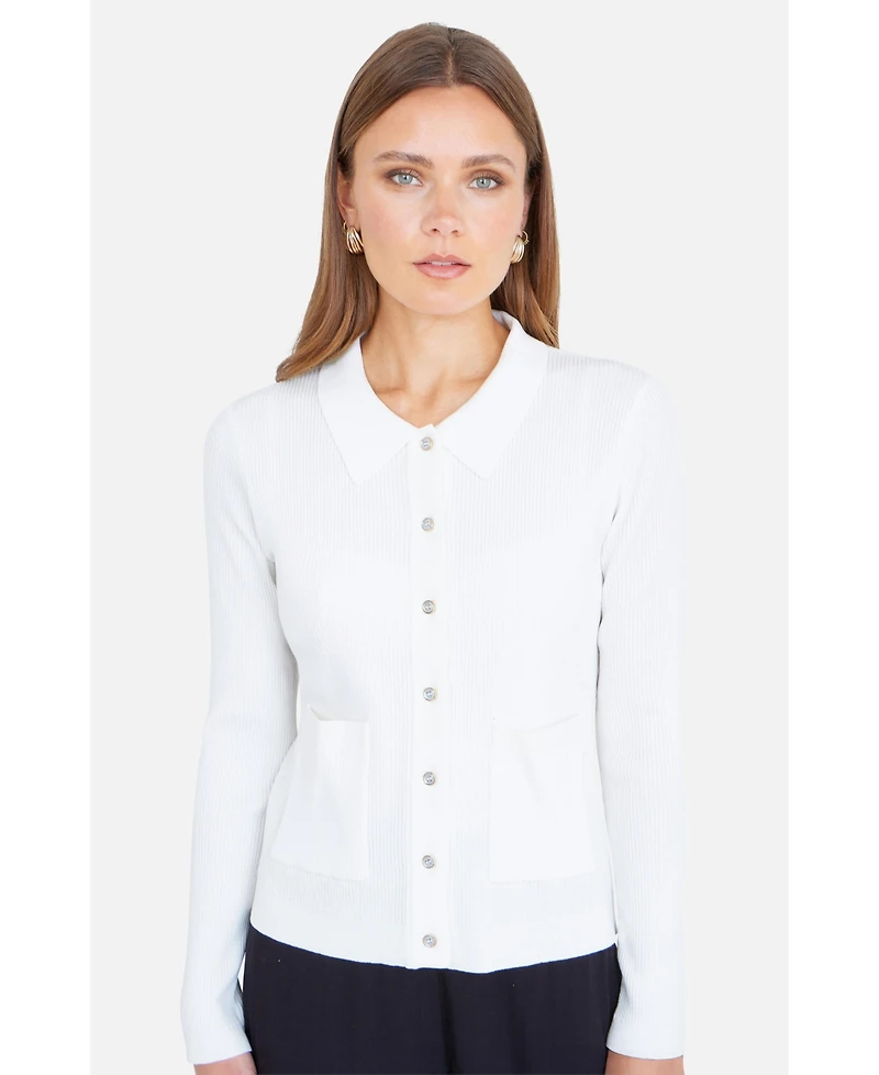 Yumi Women's Ribbed Collar Button Up Cardigan