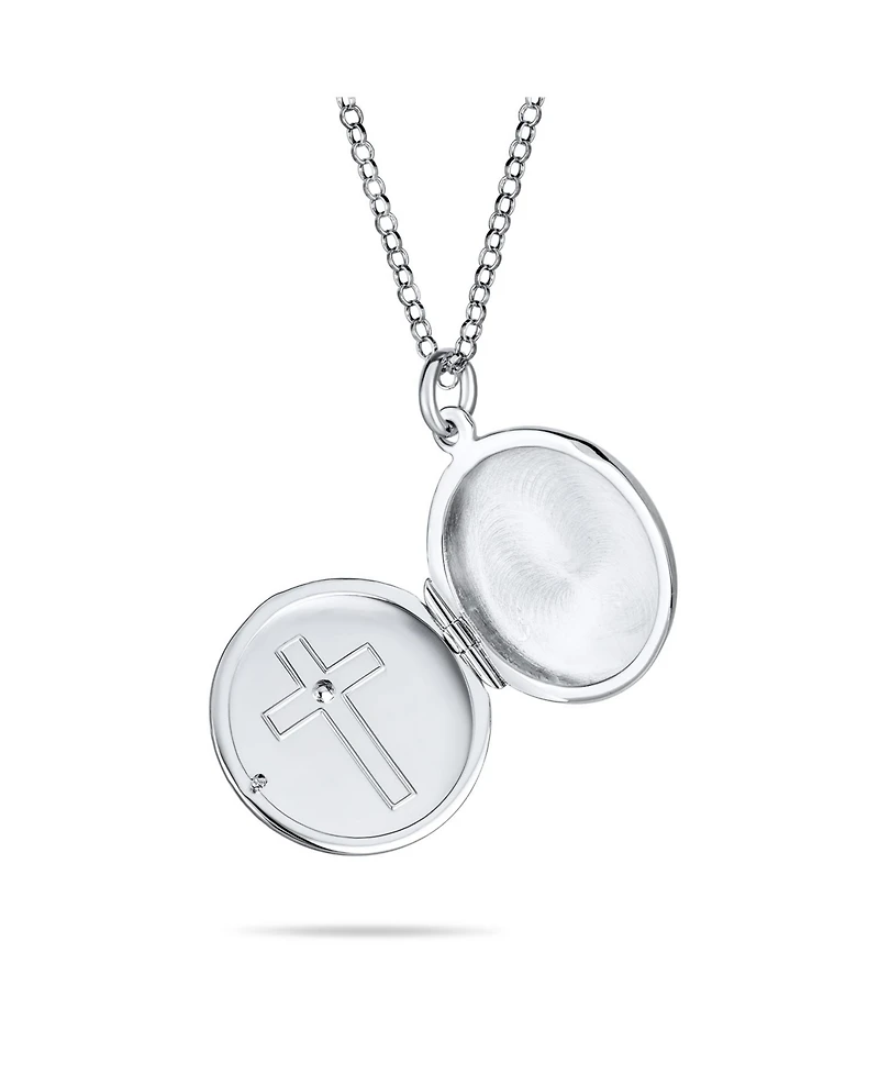 Bling Jewelry Religious Holy Cross Photo Locket Necklace Round Circle Holds Pictures .925 Sterling Silver