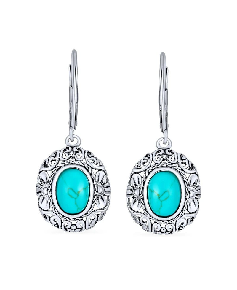 Bling Jewelry Bali Style Natural Oval Turquoise Floral Scroll Filigree Drop Earrings .925 Sterling Silver