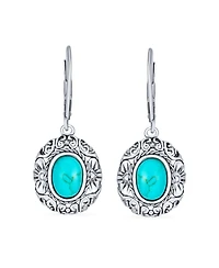 Bling Jewelry Bali Style Natural Oval Turquoise Floral Scroll Filigree Drop Earrings .925 Sterling Silver