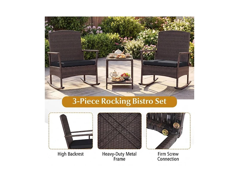 Lucky One 3 Piece Patio Rocking Bistro Set with Cushions 2 Tier Table Rattan Furniture