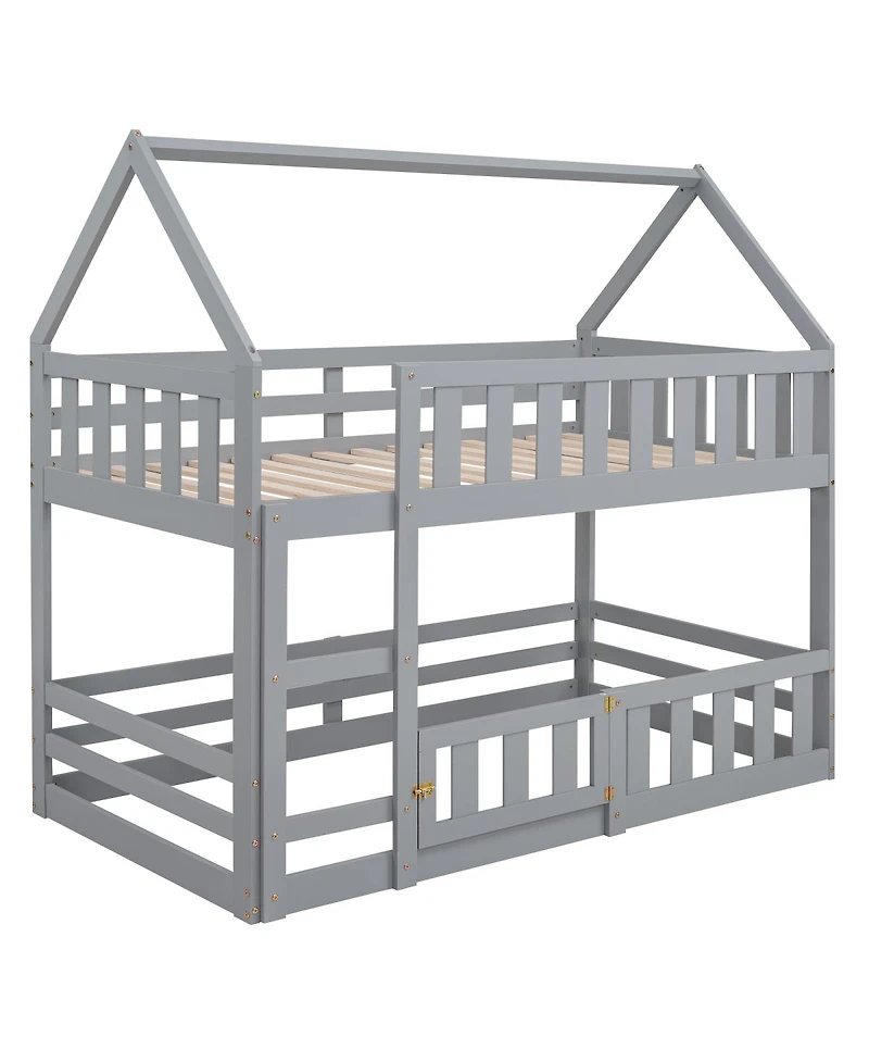 Streamdale Furniture Twin over Twin House Bunk Bed with Fence and Door