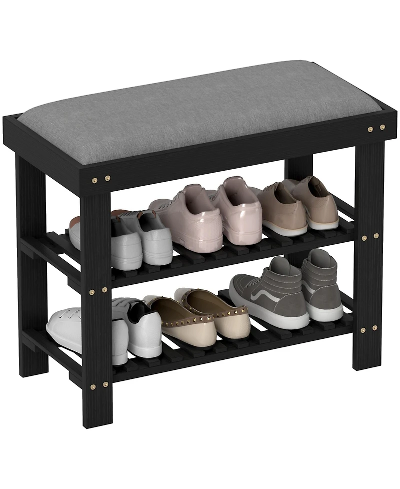 Homcom Bamboo Shoe Bench, Entryway Bench with Storage and Cushion