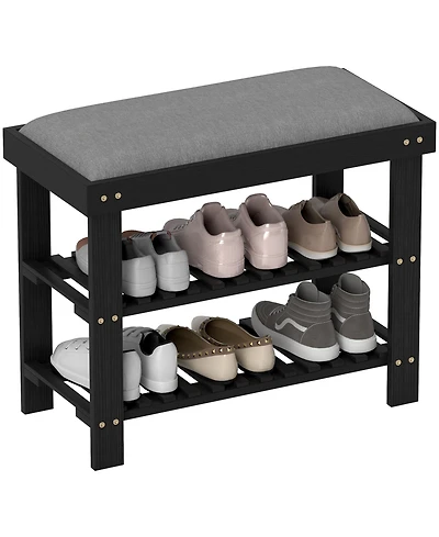 Homcom Bamboo Shoe Bench, Entryway Bench with Storage and Cushion