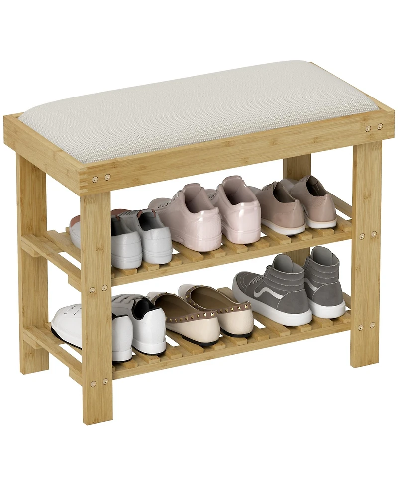 Homcom Bamboo Shoe Bench, Entryway Bench with Storage and Cushion