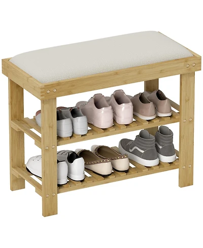 Homcom Bamboo Shoe Bench, Entryway Bench with Storage and Cushion