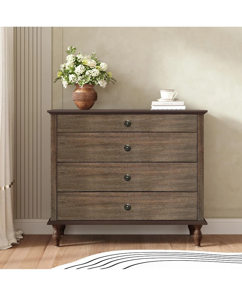 Streamdale Furniture Antique 4-Drawer Chest with Solid Wood Foot and Metal Knobs