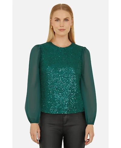 Yumi Women's Sheer Sleeve Sequin Top