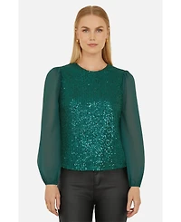 Yumi Women's Sheer Sleeve Sequin Top
