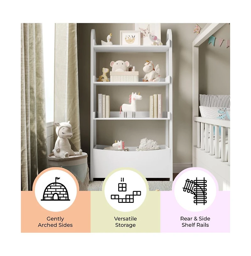 Buzz & Bloom Kids Open-Style Wood Bookshelf with 3 Shelves and Bottom Storage Bin