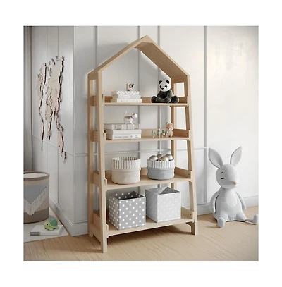Buzz & Bloom Wood Open Bookshelf with Covered Triangular Top, 4 Shelves, and Squared Legs