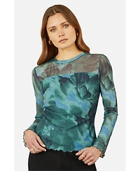 Yumi Women's Long Sleeve Floral Mesh Top