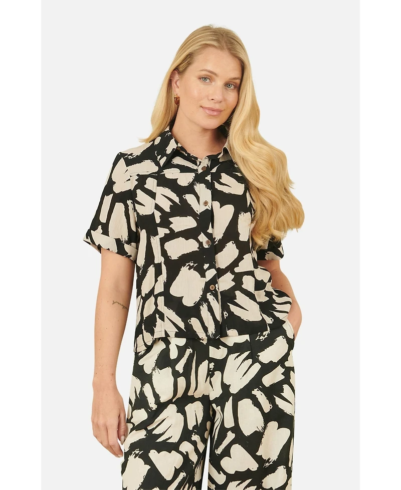 Yumi Women's Short Sleeve Printed Relaxed Fit Shirt