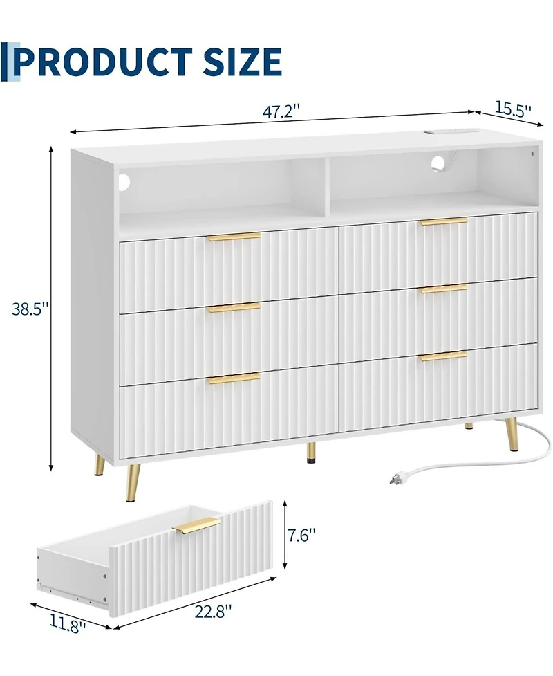gaomon 6 Drawers Dresser for Bedroom, 47.2" Wide Dressers with Led Lights and Charging Station, Curved Profile Design, Fluted Wood Drawers with Handle