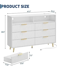 gaomon 6 Drawers Dresser for Bedroom, 47.2" Wide Dressers with Led Lights and Charging Station, Curved Profile Design, Fluted Wood Drawers with Handle