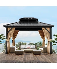gaomon Hardtop Gazebo with Double Roof, Outdoor Gazebo for Patio, Metal Frame Gazebo Canopy with Netting and Curtains, Permanent Pavilion