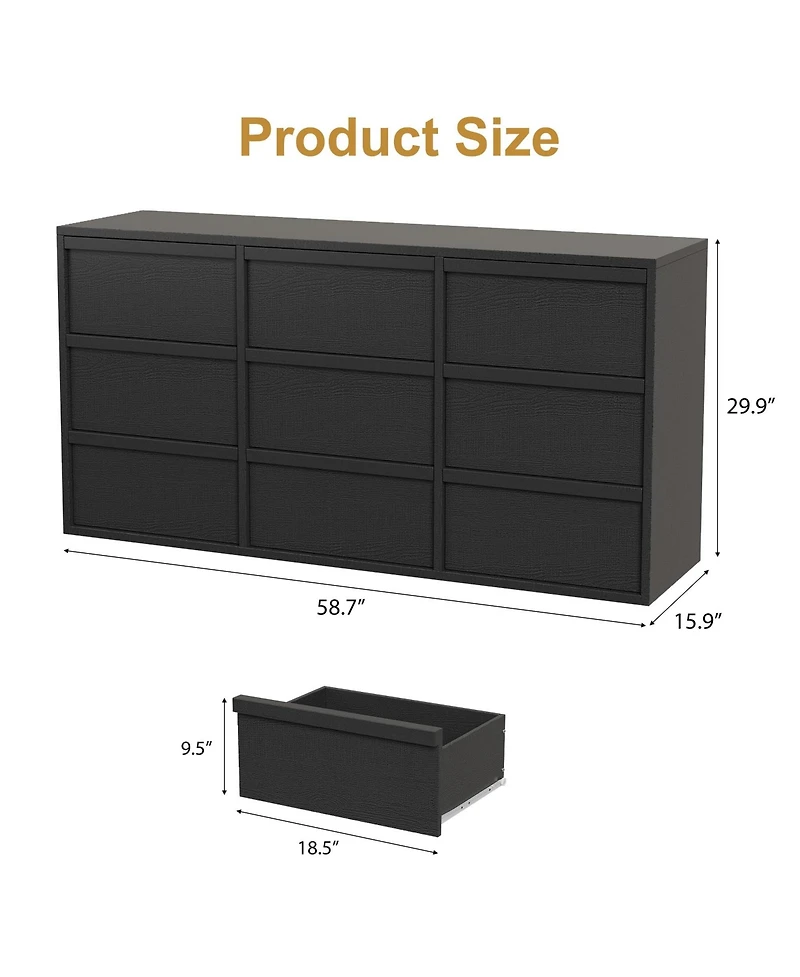 gaomon 9 Dresser for Bedroom, 58.7" Wide Dresser, Freestanding Horizontal Drawer with Storage, Wooden Closet Chest Storage Living Room,Hallway