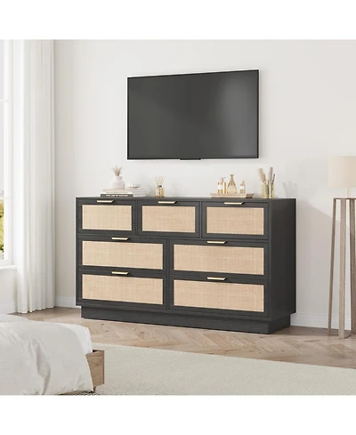 gaomon Farmhouse Rattan Tv Stand for 75 Inch Tv, Wooden Media Entertainment Center with 7 Storage Drawers