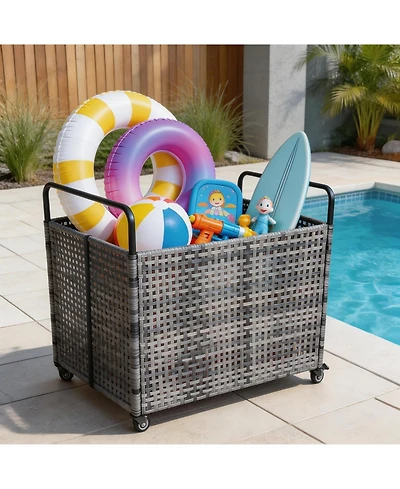 gaomon Poolside Rattan Storage Organizer, Outdoor Storage Bin, Pool Float Storage Holder with Mesh Rolling for Pool Noodles, Toys, Floats, Balls
