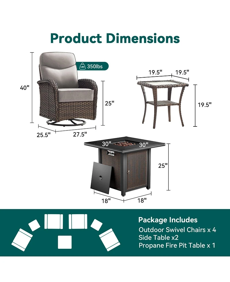 Pocassy 7 Pieces Outdoor Patio Furniture Set with Fire Pit Table,Outside Pe Wicker Swivel Rocking Chairs and Coffee Side Table
