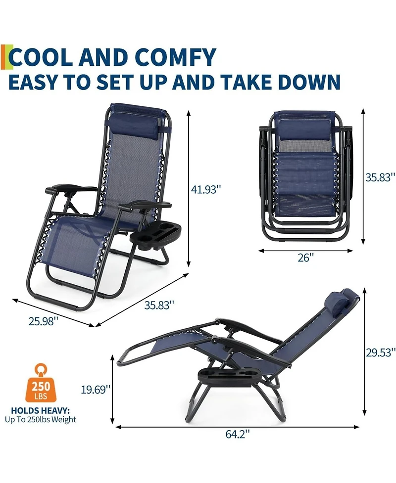 gaomon Set of 2 Blue Reclining Lounge Chairs, Heavy Duty Folding Patio Chairs with Pillow and Cup Holder for Pool, Beach, Backyard