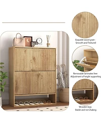 gaomon Set of 2 Fluted Shoe Cabinets for Entryway, Slim Freestanding Shoe Storage with Flip Drawers, Open Shelf and Side Hooks