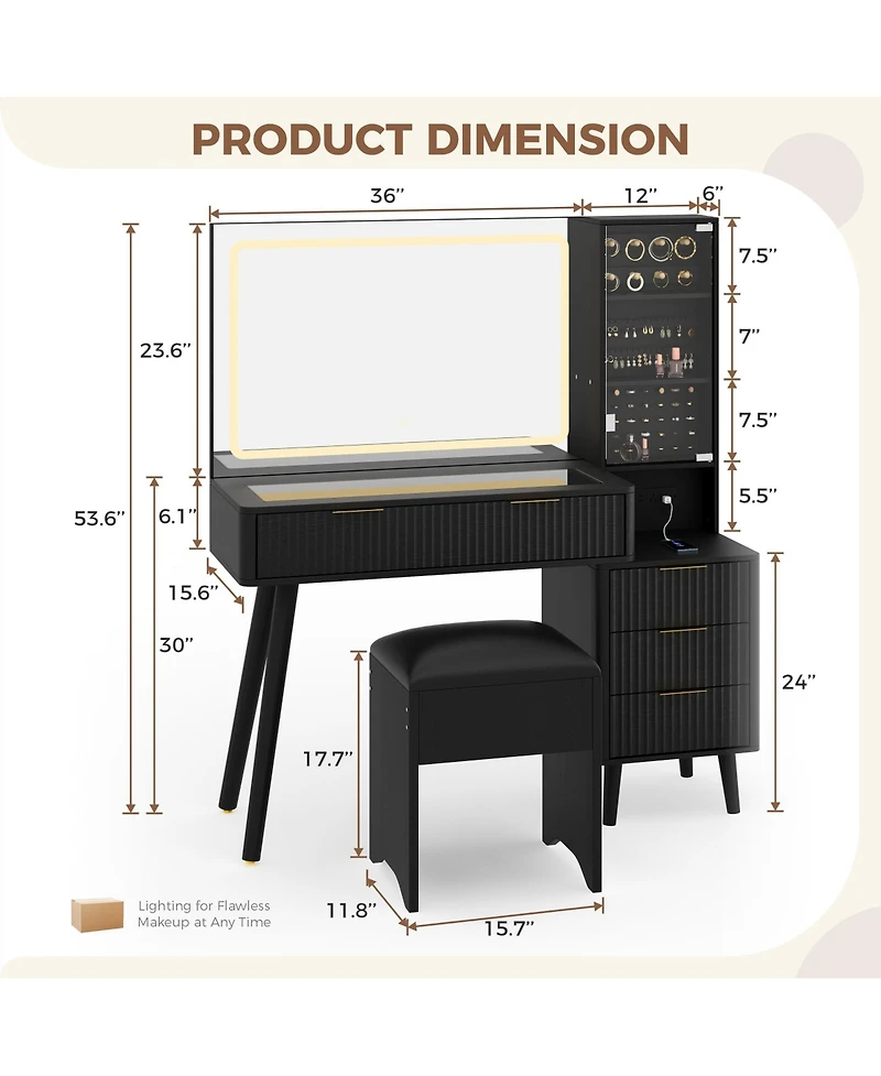 gaomon Vanity Desk with Lighted Mirror, Makeup Charging Station, Glass Top Dressing Table Cushioned Storage Stool for Bedroom