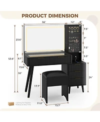 gaomon Vanity Desk with Lighted Mirror, Makeup Charging Station, Glass Top Dressing Table Cushioned Storage Stool for Bedroom