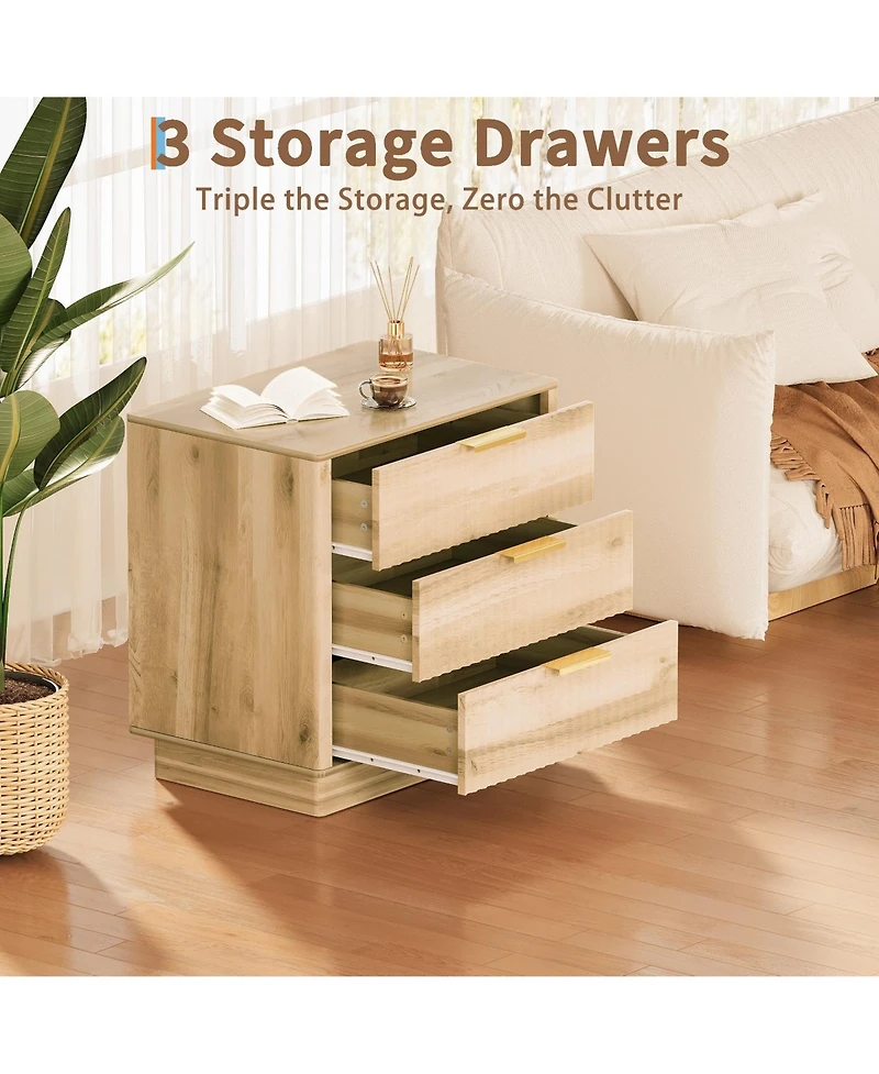 gaomon Fluted Nightstand set of 2, Wood Nightstand with 3 Drawers Storage Bedside Table Large Fluted Bed Side End Table, Modern Nightstand for Bedroom