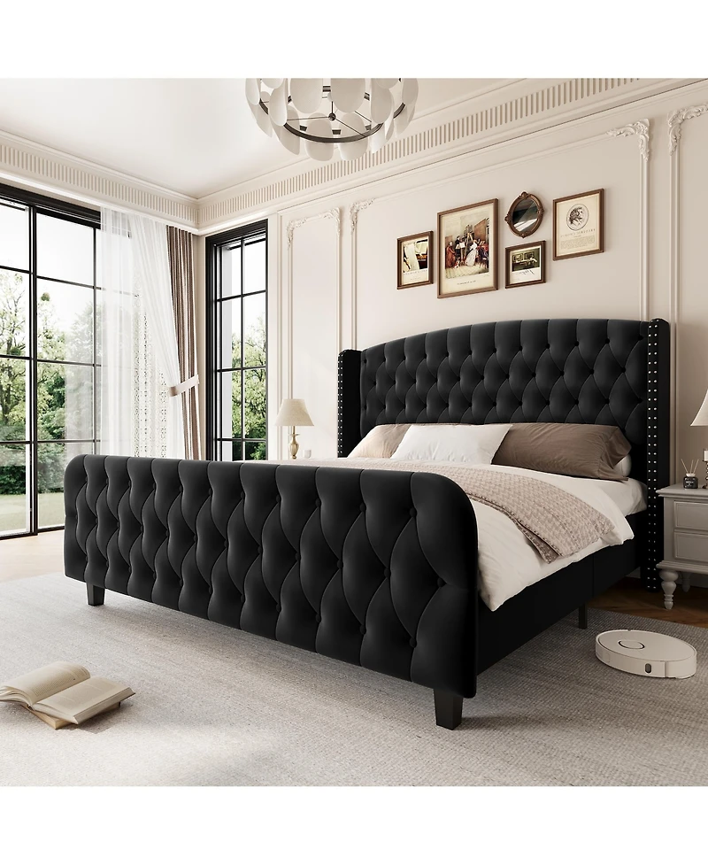 homfan Bed Frame with 51" Tall Tufted Wingback Headboard and Footboard, Soft Fabric Upholstery, Wood Slats, Noise-Free, No Box Spring Needed