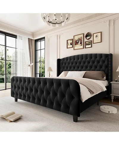 homfan Bed Frame with 51" Tall Tufted Wingback Headboard and Footboard, Soft Fabric Upholstery, Wood Slats, Noise-Free, No Box Spring Needed