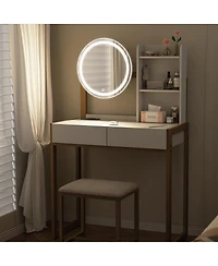 Streamdale Furniture Small Vanity Desk with Led Mirror, Power Outlet, and Stool