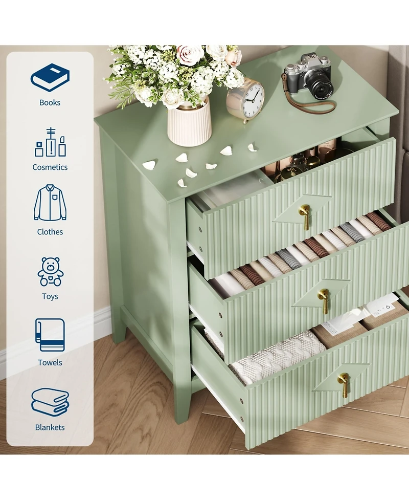 homfan Fluted 3-Drawer Nightstand Dresser with Metal Handles, 27.5" Wide Storage End Table for Bedroom, Living Room, Hallway