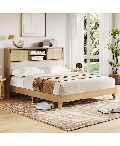 homfan Rattan Bed Frame with Shelves, Boho Bed Frame with Shelf Headboard Sliding Door, Wood Foundation with Silent Slats, No Box Spring Needed